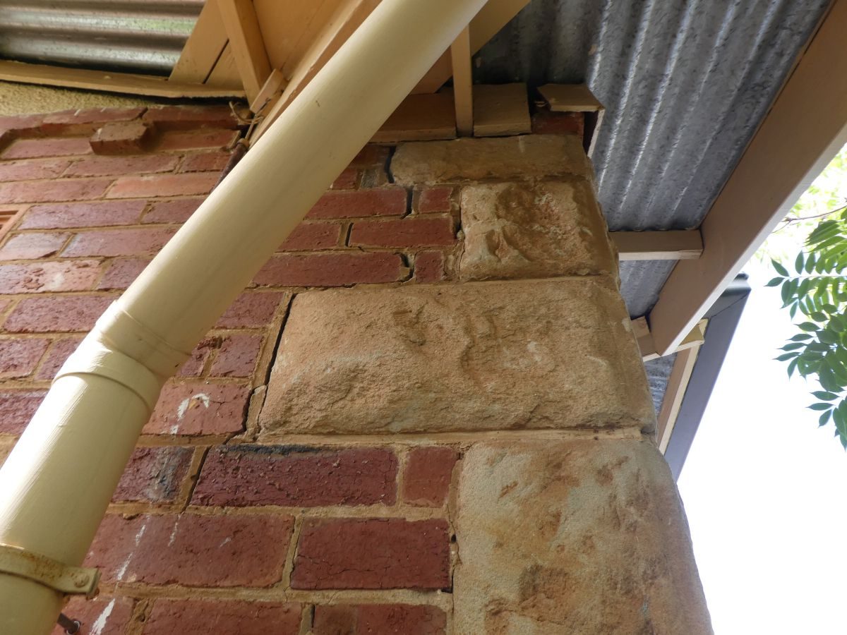 Stone quoin, brickwork and eaves at Colonel Light Gardens