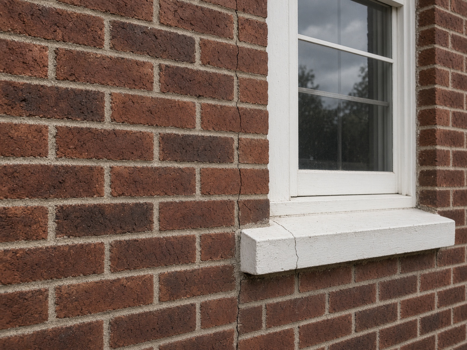 Hairline settlement cracking on a brick facade