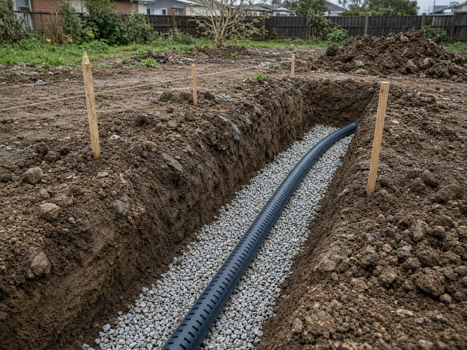 Stormwater drainage trench with pipe and gravel