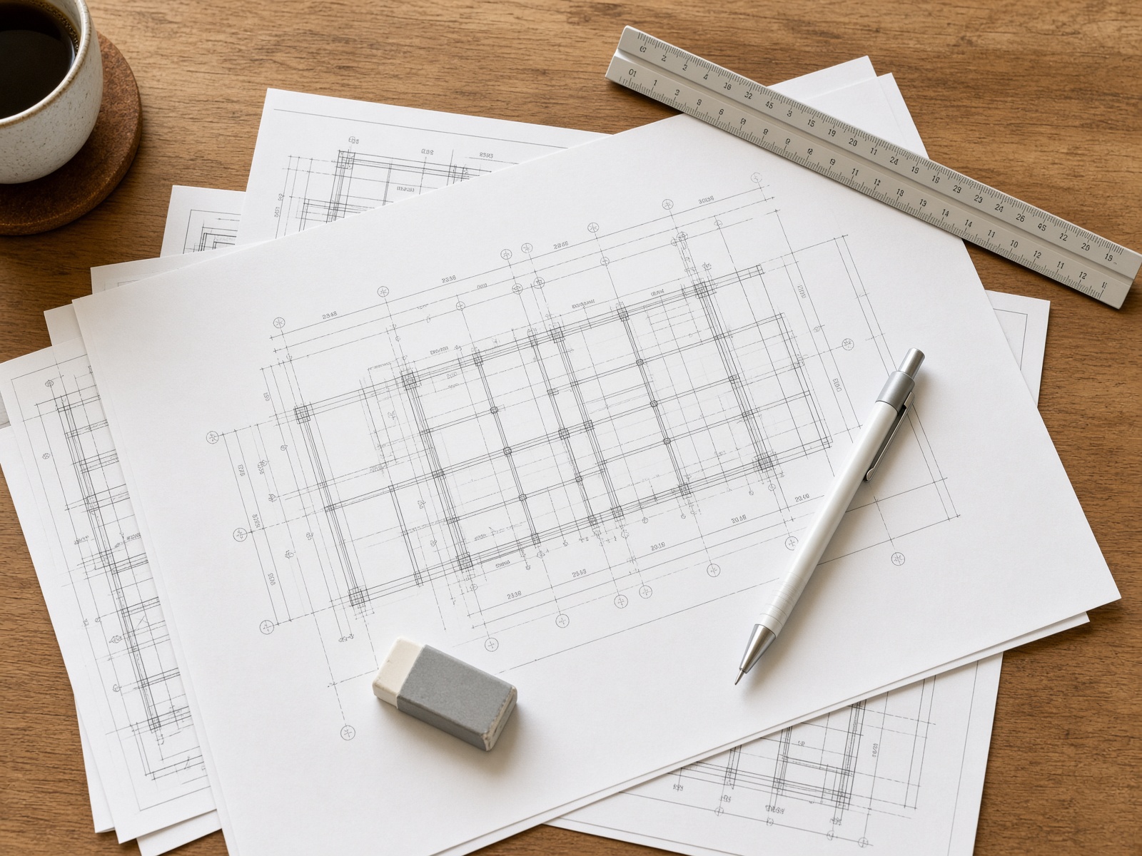 Structural drawings, scale ruler and pencil on a timber desk