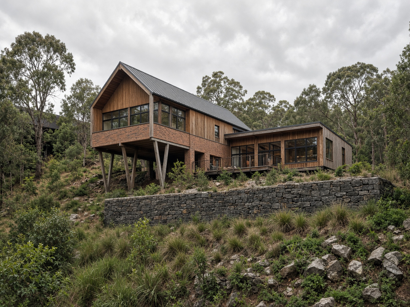 Adelaide Hills house on a sloping block with retaining