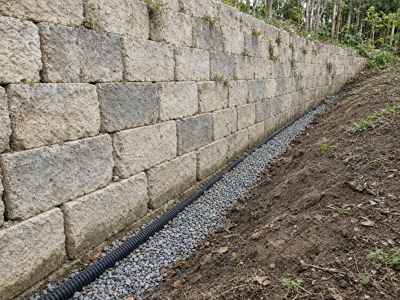Limestone retaining wall with drainage at the base