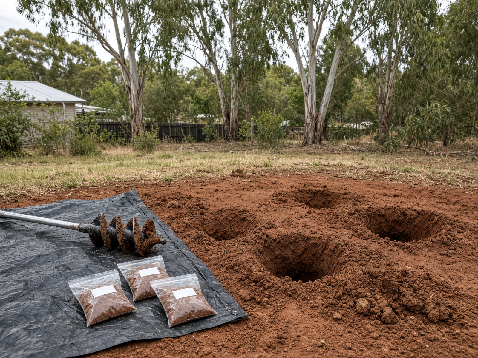 Soil sampling bags and auger on a suburban block