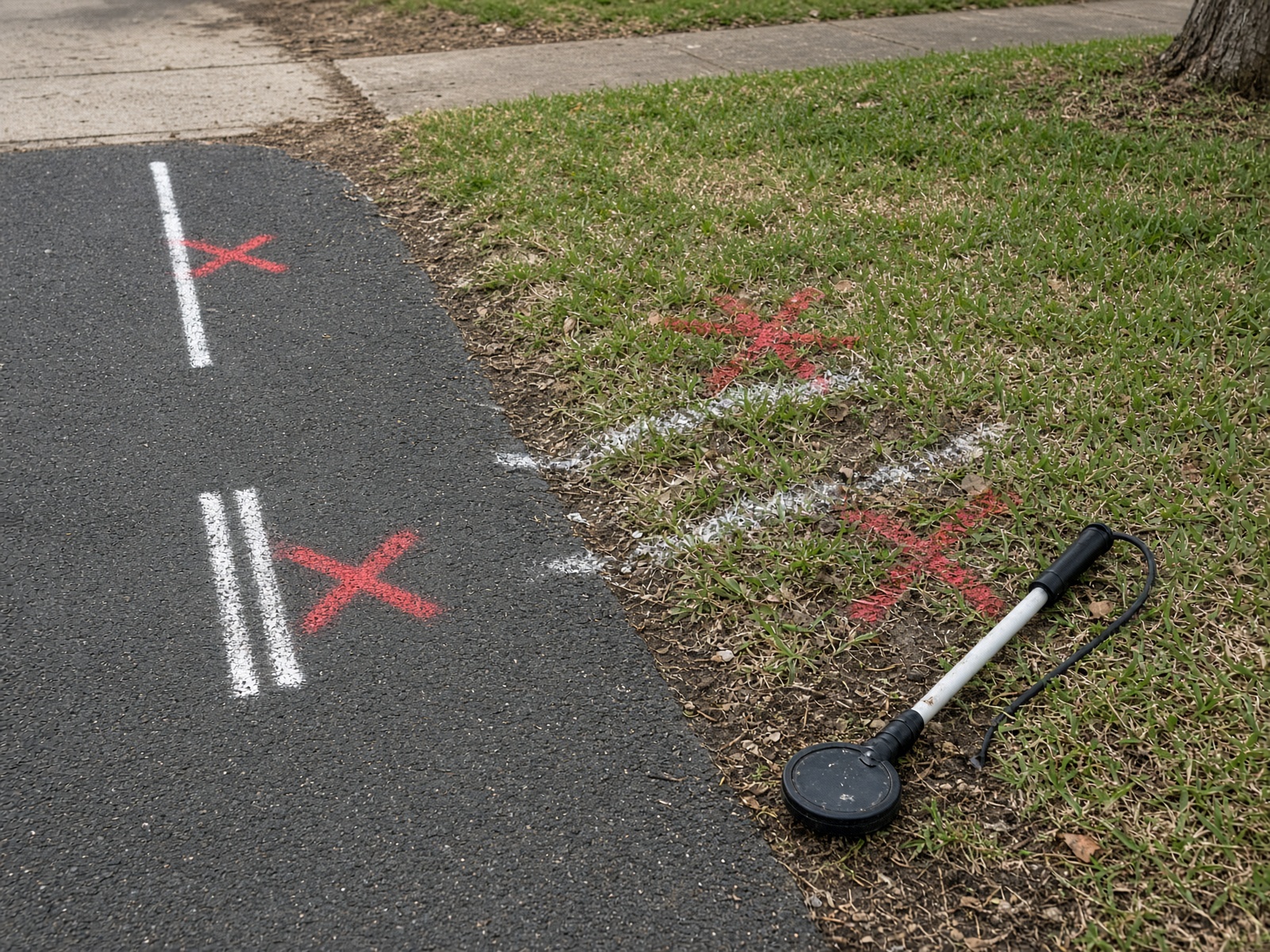Utility locating paint marks on a suburban verge